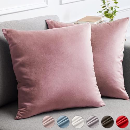 lalaLOOM Velvet Throw Pillow Covers Set of 2 18x18 Decorative Square Pillows Home Decor Soft Accent Cases Silky Machine Washable Pillowcases for Sofa Couch Bedroom Living Room Dusty Rose