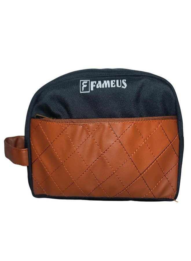 FAMEUS Multipurpose Travel and Toiletry Pouch with Faux Leather Detailing | Unisex Organizer Bag for Shaving Kit, Cosmetics, Medicine & Daily Essentials (Black) - Image 1