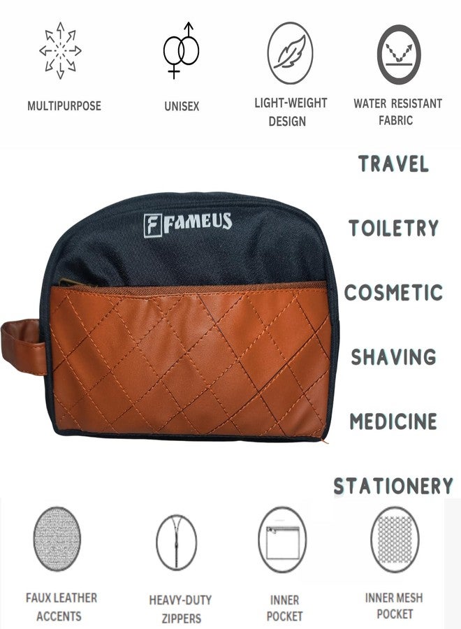 FAMEUS Multipurpose Travel and Toiletry Pouch with Faux Leather Detailing | Unisex Organizer Bag for Shaving Kit, Cosmetics, Medicine & Daily Essentials (Black) - Image 4