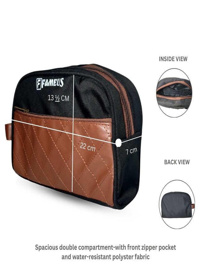 FAMEUS Multipurpose Travel and Toiletry Pouch with Faux Leather Detailing | Unisex Organizer Bag for Shaving Kit, Cosmetics, Medicine & Daily Essentials (Black) - Image 2