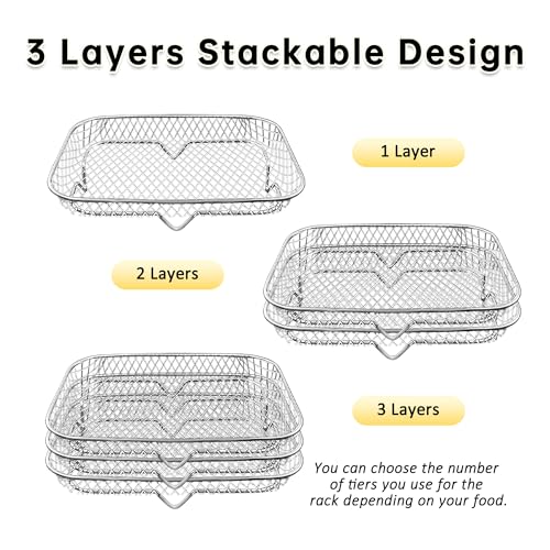 Kofebe Air Fryer Rack, Stackable Stainless Steel Air Fryer Basket, 3 Layers Cooling Racks for Oven Press Cooker, Rectangle AirFryer Accessories (7.6"Lx5.3"Hx3.7"H) - Image 3