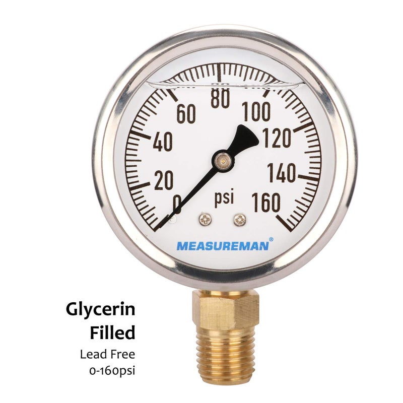 MEASUREMAN مقياس ضغط مملوء بالجليسرين خالٍ من الرصاص من ميزورمان، نطاق 0-160 رطل لكل بوصة مربعة، مقياس ضغط بديل لمنظم المركبات الترفيهية، مقاس 2 بوصة × تركيب سفلي 1/4 إنش إن بي تي، غلاف من الفولاذ المقاوم للصدأ، داخلي نحاسي - Image 3