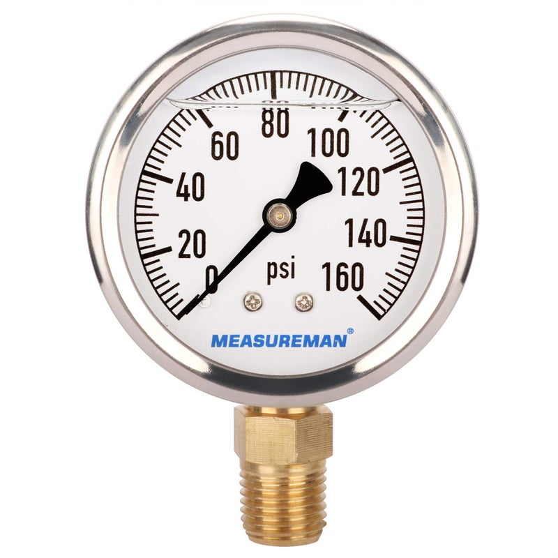 MEASUREMAN مقياس ضغط مملوء بالجليسرين خالٍ من الرصاص من ميزورمان، نطاق 0-160 رطل لكل بوصة مربعة، مقياس ضغط بديل لمنظم المركبات الترفيهية، مقاس 2 بوصة × تركيب سفلي 1/4 إنش إن بي تي، غلاف من الفولاذ المقاوم للصدأ، داخلي نحاسي - Image 1