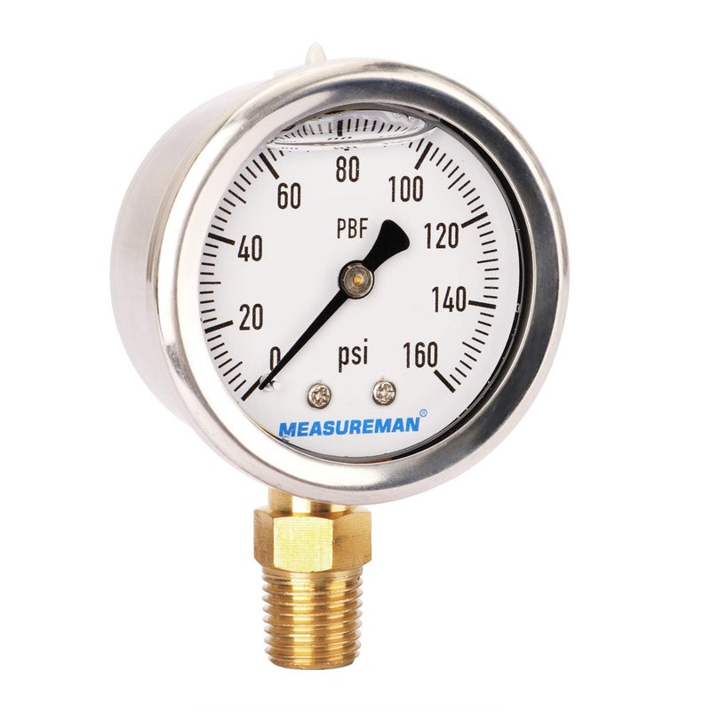 MEASUREMAN مقياس ضغط مملوء بالجليسرين خالٍ من الرصاص من ميزورمان، نطاق 0-160 رطل لكل بوصة مربعة، مقياس ضغط بديل لمنظم المركبات الترفيهية، مقاس 2 بوصة × تركيب سفلي 1/4 إنش إن بي تي، غلاف من الفولاذ المقاوم للصدأ، داخلي نحاسي - Image 2