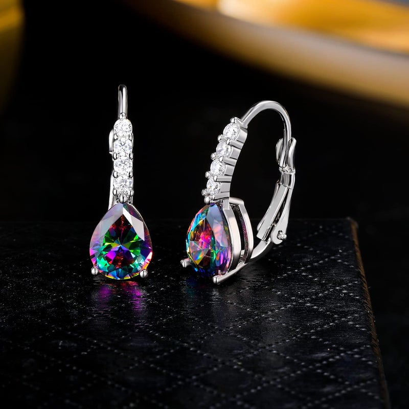 VOLUKA Teardrop Earrings for Women|7x9mm Pear-shaped Created Rainbow Mystic Halo CZ Dangle Earrings|18K White Gold Plated Drop Earrings Hypoallergenic Jewelry Gift - Image 4