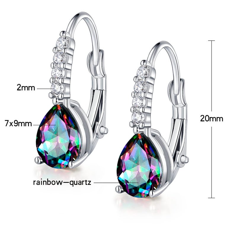 VOLUKA Teardrop Earrings for Women|7x9mm Pear-shaped Created Rainbow Mystic Halo CZ Dangle Earrings|18K White Gold Plated Drop Earrings Hypoallergenic Jewelry Gift - Image 3