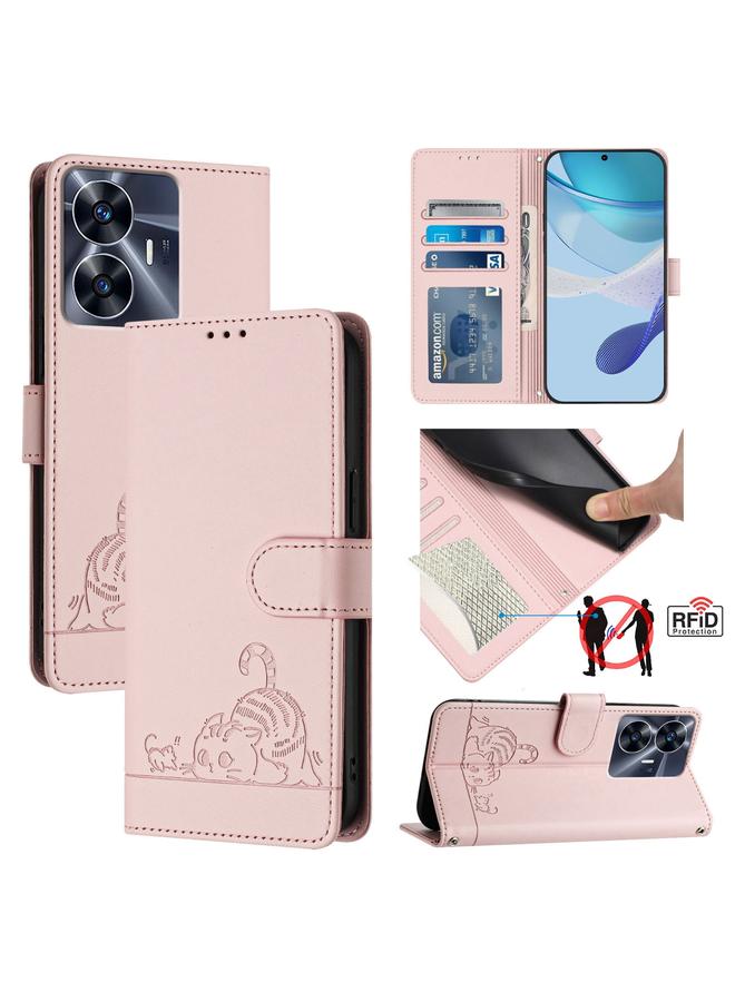 اس-توب جراب لهاتف Realme C55 4G Global Cat Rat من الجلد المنقوش بتقنية RFID مع حبل تعليق - Image 1