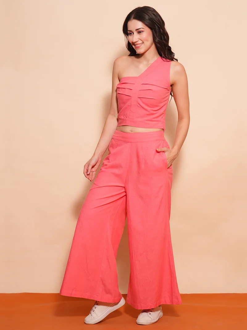 globus Globus Women One Shoulder Pleated Pure Cotton Crop Top & Palazzo