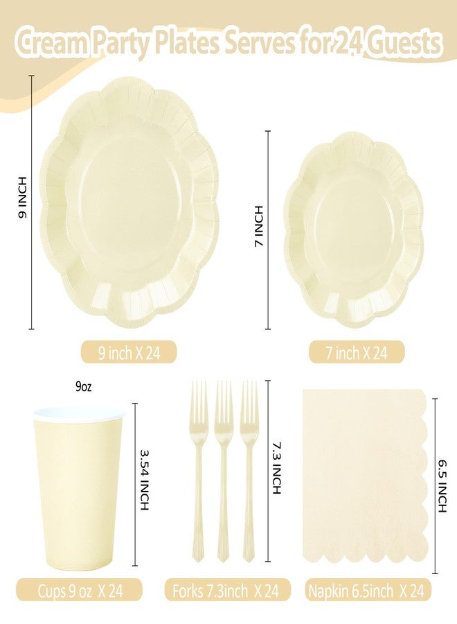 CENLBJ Scalloped Cream Plates and Napkins Party Supplies, Disposable 9’’ and 7’’ Ivory Paper Plates Cups Napkins Forks Set for Birthday Wedding Baby Shower Bridal Shower Decorations, Serves for 24 Guests - Image 2