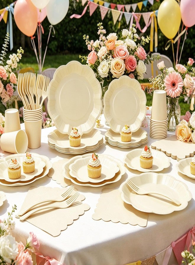 CENLBJ Scalloped Cream Plates and Napkins Party Supplies, Disposable 9’’ and 7’’ Ivory Paper Plates Cups Napkins Forks Set for Birthday Wedding Baby Shower Bridal Shower Decorations, Serves for 24 Guests - Image 4