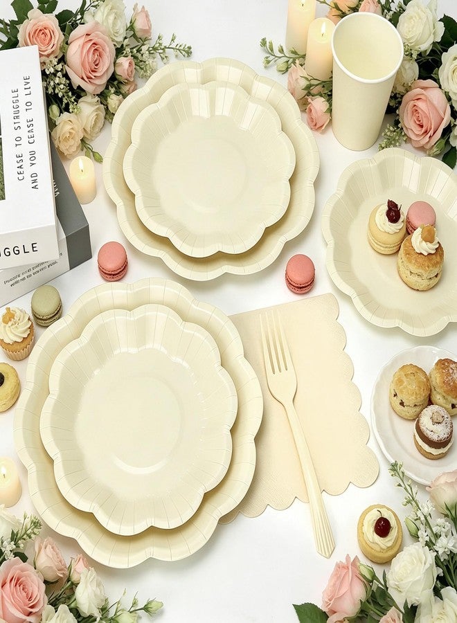 CENLBJ Scalloped Cream Plates and Napkins Party Supplies, Disposable 9’’ and 7’’ Ivory Paper Plates Cups Napkins Forks Set for Birthday Wedding Baby Shower Bridal Shower Decorations, Serves for 24 Guests - Image 3