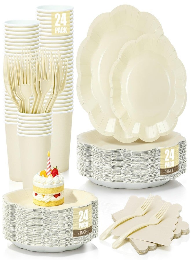 CENLBJ Scalloped Cream Plates and Napkins Party Supplies, Disposable 9’’ and 7’’ Ivory Paper Plates Cups Napkins Forks Set for Birthday Wedding Baby Shower Bridal Shower Decorations, Serves for 24 Guests - Image 1
