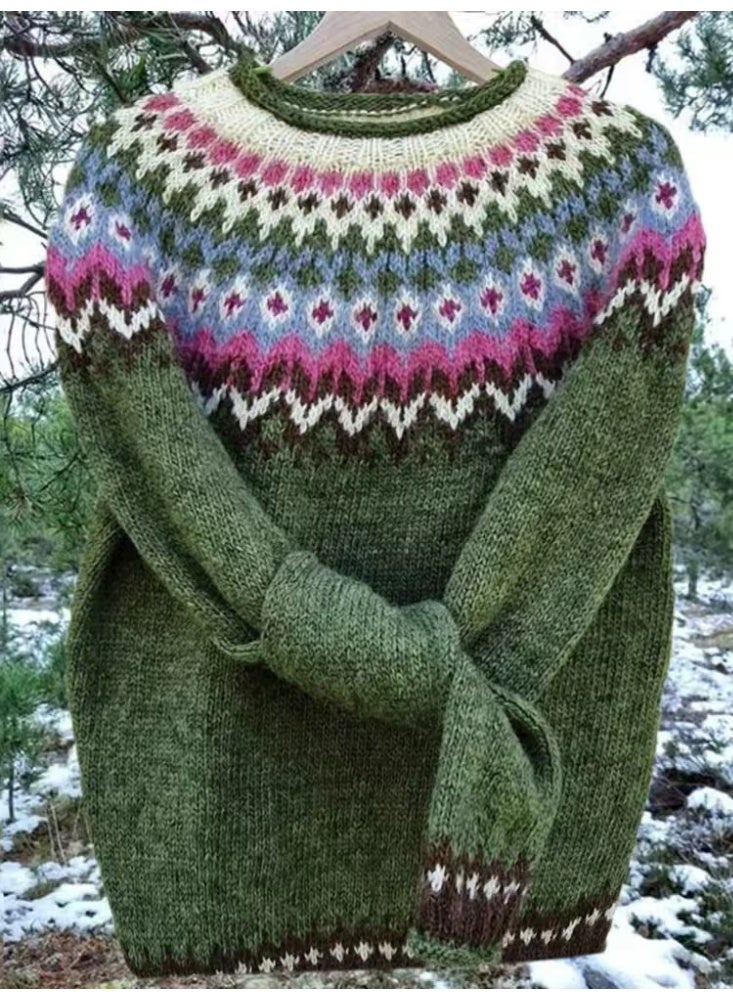 general Womens Fall Vintage Fair Isle Sweater Casual Loose Long Sleeve Crewneck Knitted Pullover Sweater Tops - Image 1