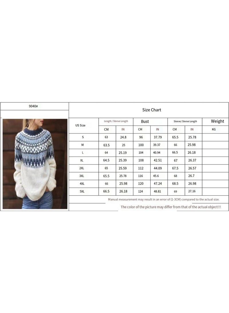 general Womens Fall Vintage Fair Isle Sweater Casual Loose Long Sleeve Crewneck Knitted Pullover Sweater Tops - Image 2