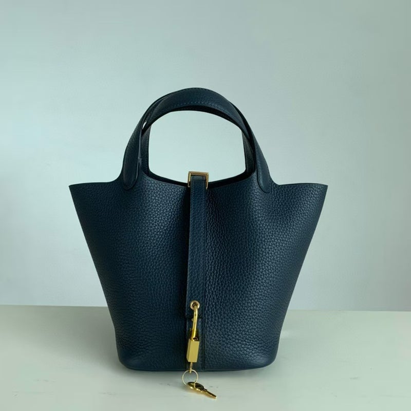 18cm Wax Line Hand Sewed TC Top Layer Cowhide Vegetable Basket Bag Bucket Bag Genuine Leather Womens Bag Handbag Midnight blue 