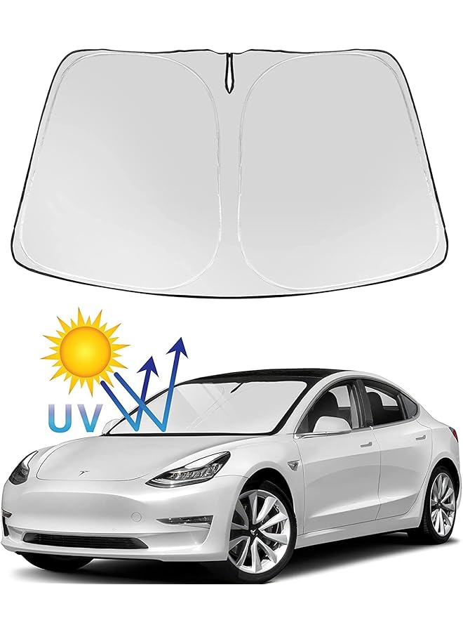 SHOWAY Tesla Model Y Model 3 Windshield Sunshade Folding Sun Visor Protector Sun Shade Cover 2022 Upgrade Size 143*93Cm - Image 1