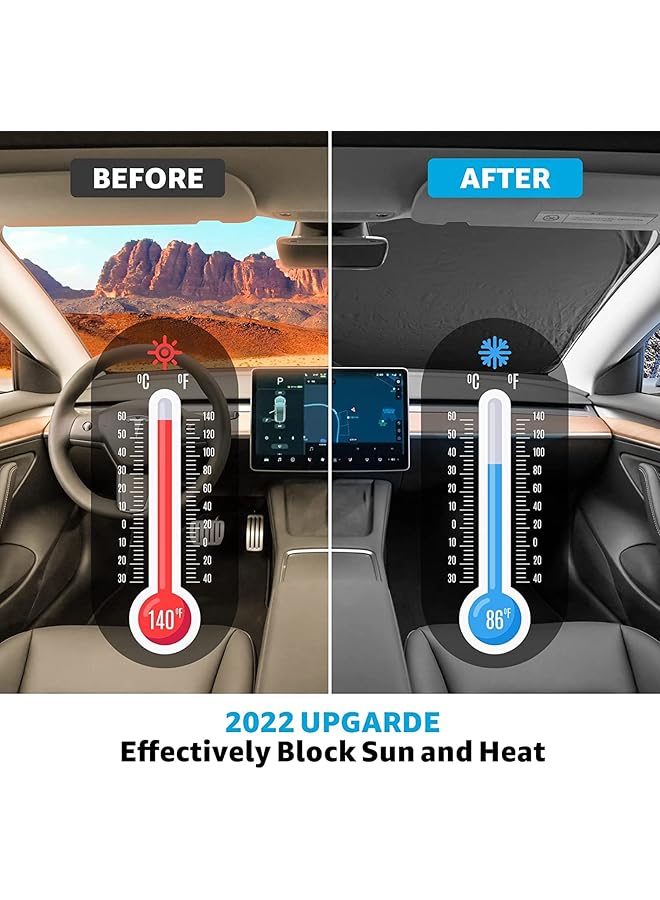 SHOWAY Tesla Model Y Model 3 Windshield Sunshade Folding Sun Visor Protector Sun Shade Cover 2022 Upgrade Size 143*93Cm - Image 5