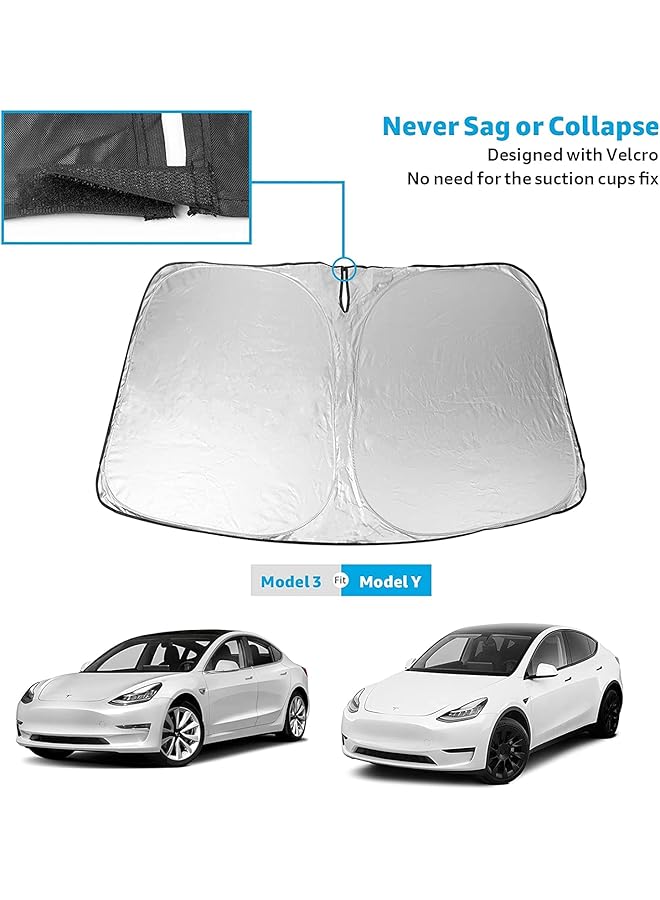 SHOWAY Tesla Model Y Model 3 Windshield Sunshade Folding Sun Visor Protector Sun Shade Cover 2022 Upgrade Size 143*93Cm - Image 2