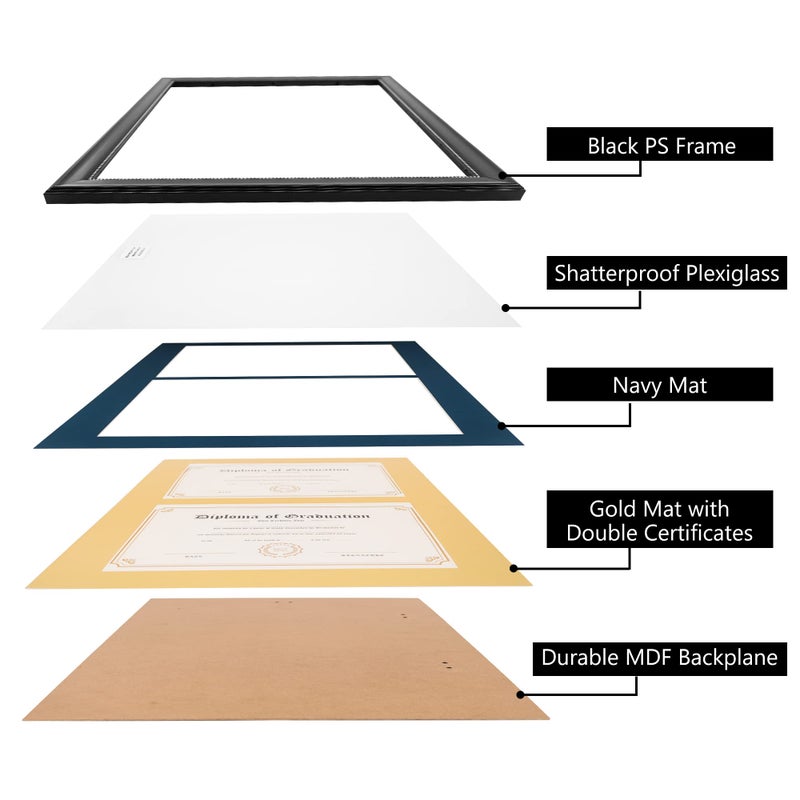 GraduationMall 14x20 Double Diploma Frame, Display 8.5x11 Certificate with Navy over Gold Mat,Tempered Glass,Black with Silver Beads - Image 5