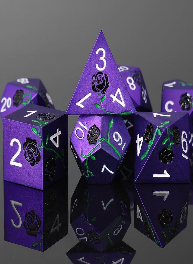 CSITORWWE Rose Flower Form Metal Dice,7PCS Heavy Metal Dice Set,Polyhedral Dice with Gift Case for TTRPG Tabletop Gaming,Dungeon Masters,RPG Adventures(Purple with Black Rose) - Image 3