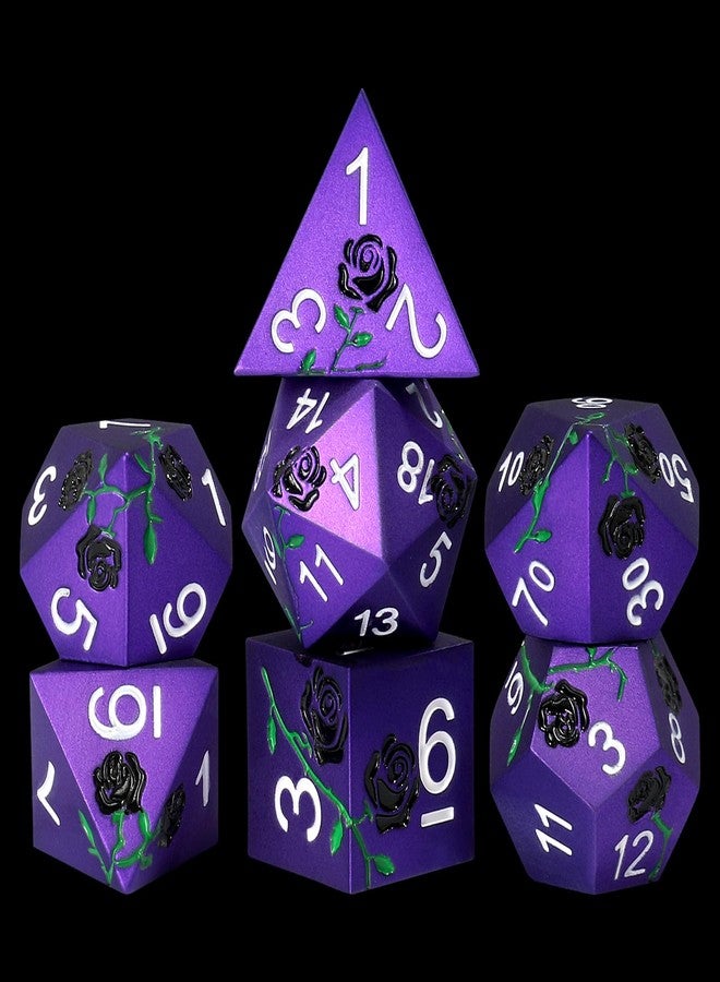 CSITORWWE Rose Flower Form Metal Dice,7PCS Heavy Metal Dice Set,Polyhedral Dice with Gift Case for TTRPG Tabletop Gaming,Dungeon Masters,RPG Adventures(Purple with Black Rose) - Image 1