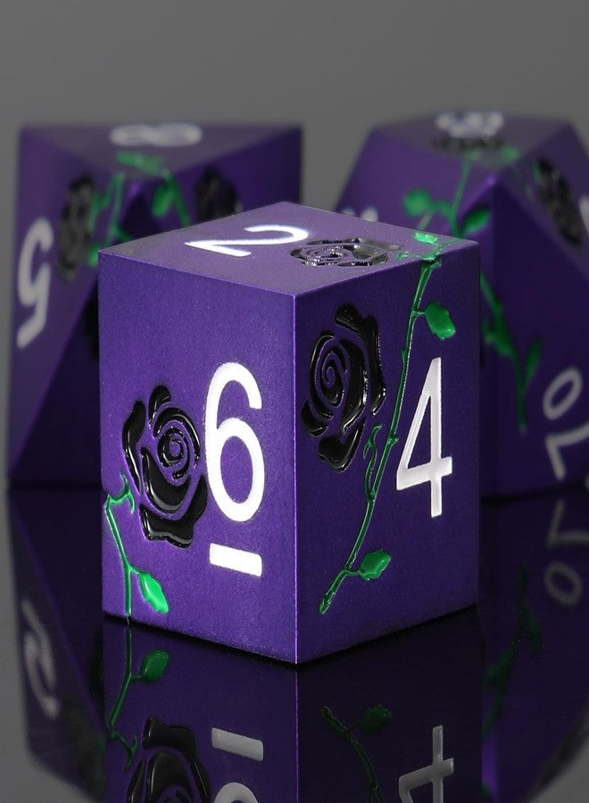 CSITORWWE Rose Flower Form Metal Dice,7PCS Heavy Metal Dice Set,Polyhedral Dice with Gift Case for TTRPG Tabletop Gaming,Dungeon Masters,RPG Adventures(Purple with Black Rose) - Image 2