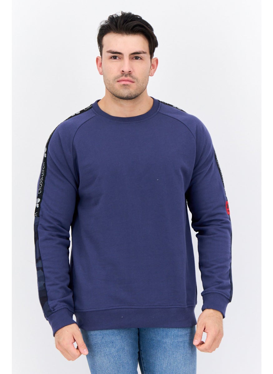 CROSSHATCH Men Crew Neck Brand Logo Long Sleeves Sweatshirt, Blue  - Image 1