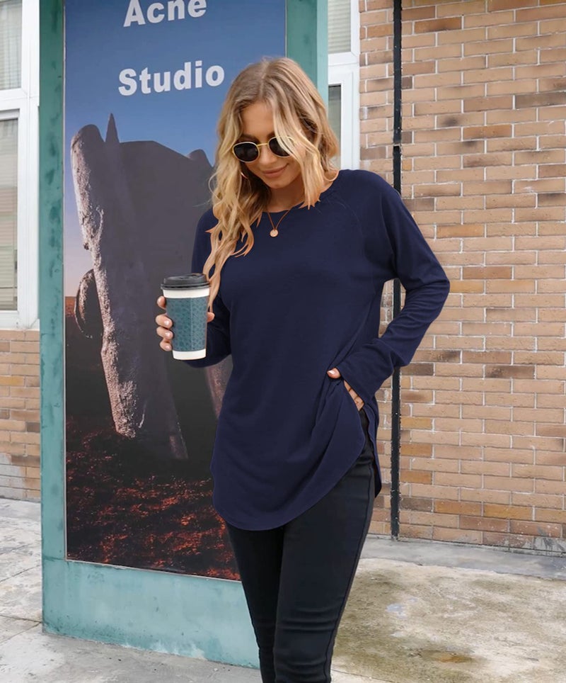 Newchoice Juniors Tunic Tops to Wear with Leggings Crew Neck Basic Long Sleeve Tees (Navy Blue,S) - Image 4