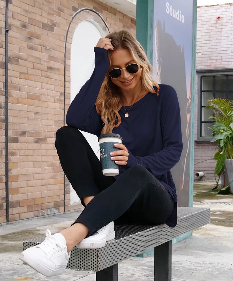 Newchoice Juniors Tunic Tops to Wear with Leggings Crew Neck Basic Long Sleeve Tees (Navy Blue,S) - Image 2