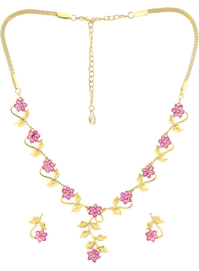 Estele Gold Plated Ruby Traditional Necklace Jewelery Set with Earrings for Women - Image 1