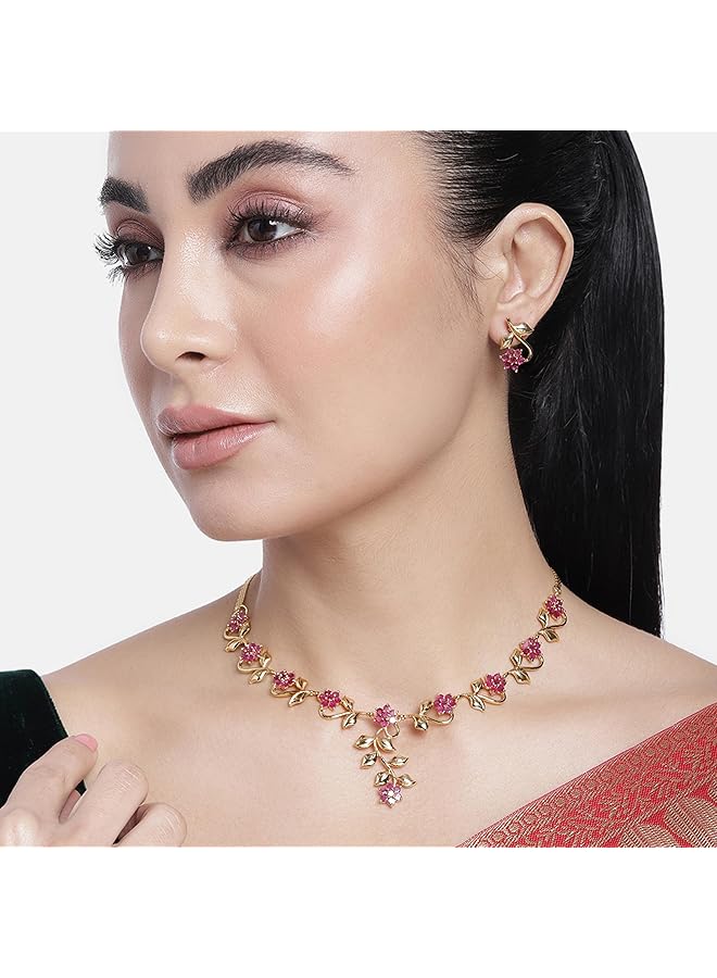 Estele Gold Plated Ruby Traditional Necklace Jewelery Set with Earrings for Women - Image 3