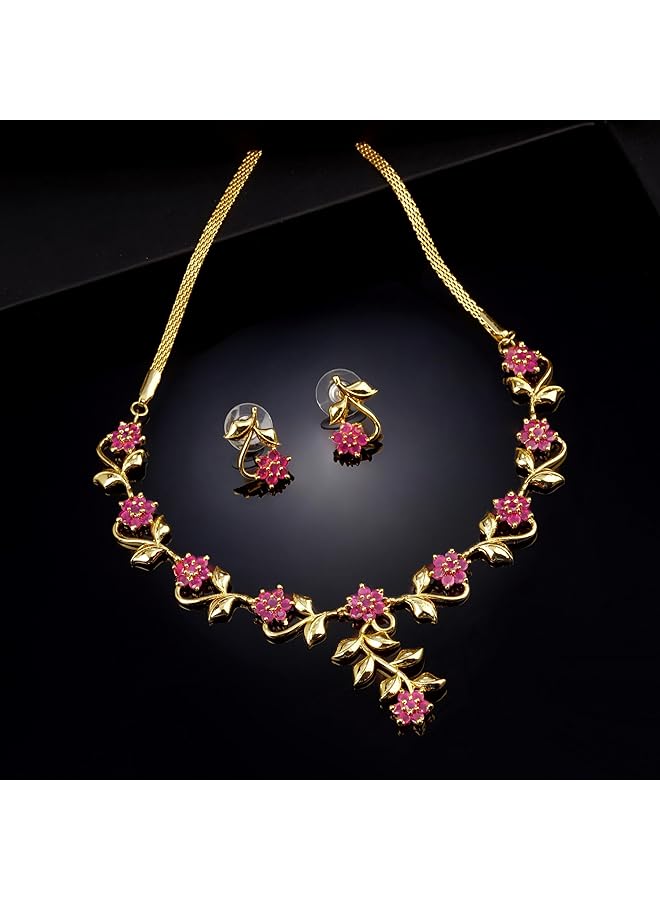 Estele Gold Plated Ruby Traditional Necklace Jewelery Set with Earrings for Women - Image 2