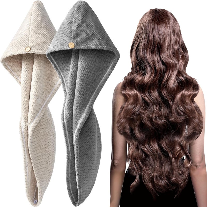 YFONG 2 Pack Large Microfiber Hair Towel Wrap Super Absorbent Quick Dry Hair Turban for Drying Long Thick Curly Hair Anti Frizz Drying Towel with Button