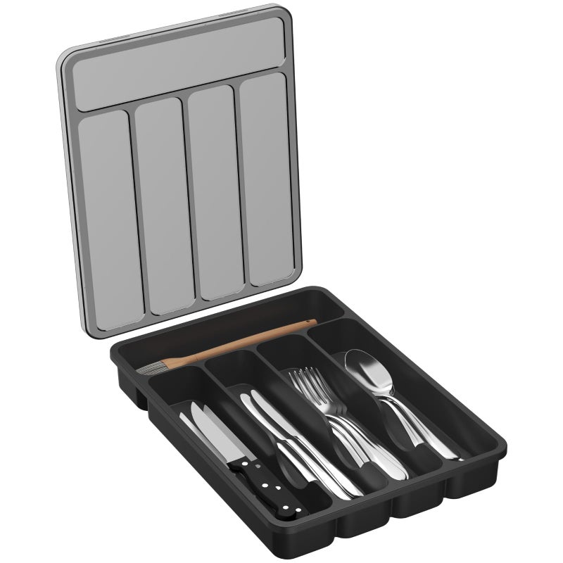 Lifewit Silverware Organizer with Lid Covered Utensil Tray for Kitchen Drawer and Countertop Plastic Cutlery and Flatware Storage Box for Spoons Forks Knives Holder Case 5 Compartments Black