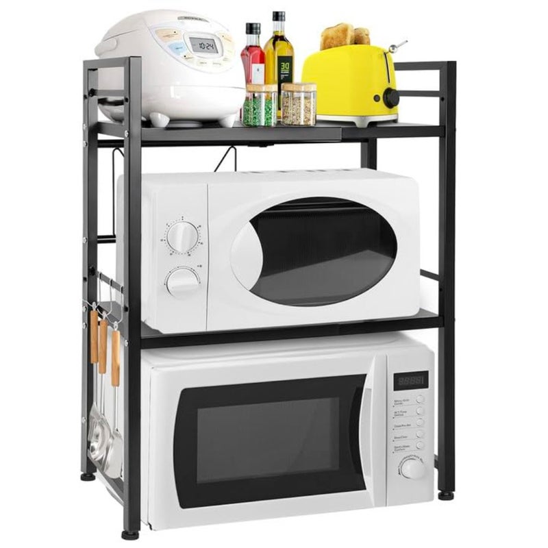 Microwave Shelf for Kitchen, Microwave Stand with 3 Hooks, Expandable Horizontal Extension Microwave Oven Rack, Adjustable Kitchen Stand Storage for Toaster Oven Rice Cooker-Black - Image 1
