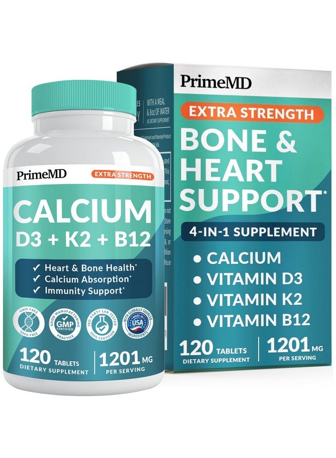 PrimeMD 4-in-1 Calcium 1200mg with Vitamin D3 - Calcium Supplement for Women and Men with Vitamin K2 B12 5000 IU - Extra Strength Calcium Citrate for Bone and Heart Support (120ct) - Image 1