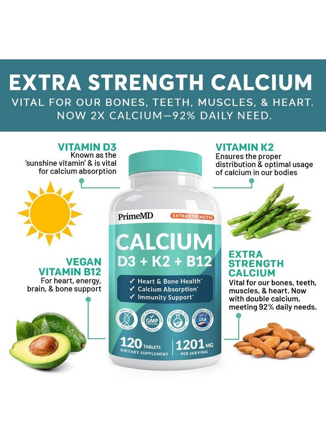 PrimeMD 4-in-1 Calcium 1200mg with Vitamin D3 - Calcium Supplement for Women and Men with Vitamin K2 B12 5000 IU - Extra Strength Calcium Citrate for Bone and Heart Support (120ct) - Image 2