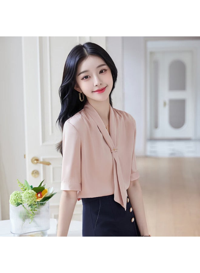 Teluoman Chiffon White Blouse For Women, Short-sleeved, Summer Ribbon, Professional, Casual, Commute, Interview Formal Wear, Ladies' Shirt - Image 4