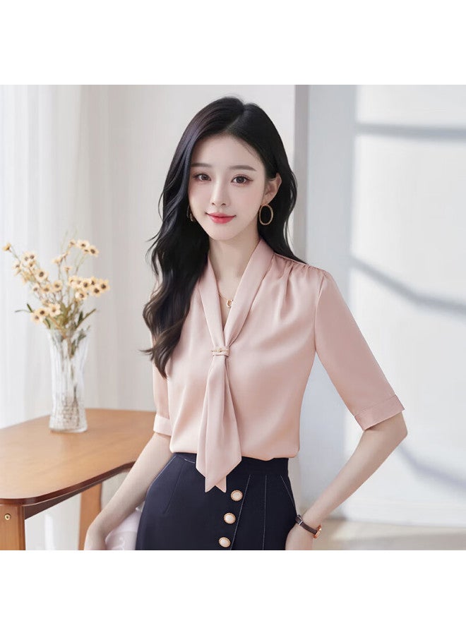 Teluoman Chiffon White Blouse For Women, Short-sleeved, Summer Ribbon, Professional, Casual, Commute, Interview Formal Wear, Ladies' Shirt - Image 1