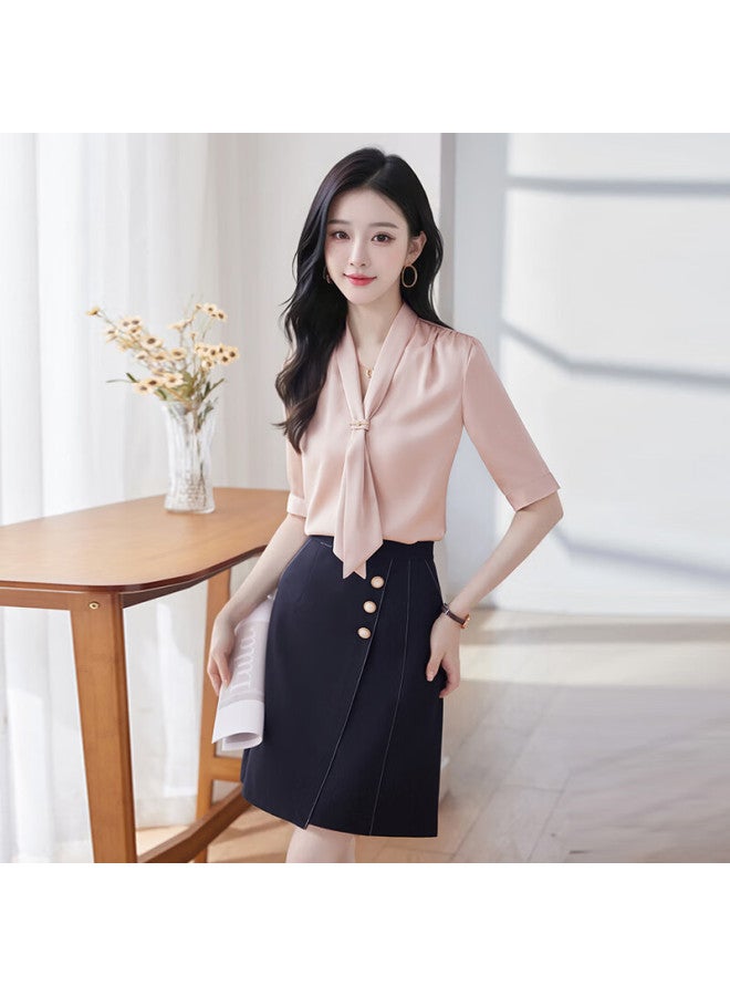 Teluoman Chiffon White Blouse For Women, Short-sleeved, Summer Ribbon, Professional, Casual, Commute, Interview Formal Wear, Ladies' Shirt - Image 3