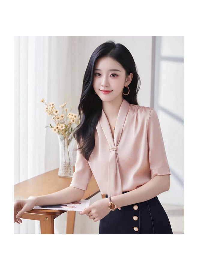Teluoman Chiffon White Blouse For Women, Short-sleeved, Summer Ribbon, Professional, Casual, Commute, Interview Formal Wear, Ladies' Shirt - Image 2