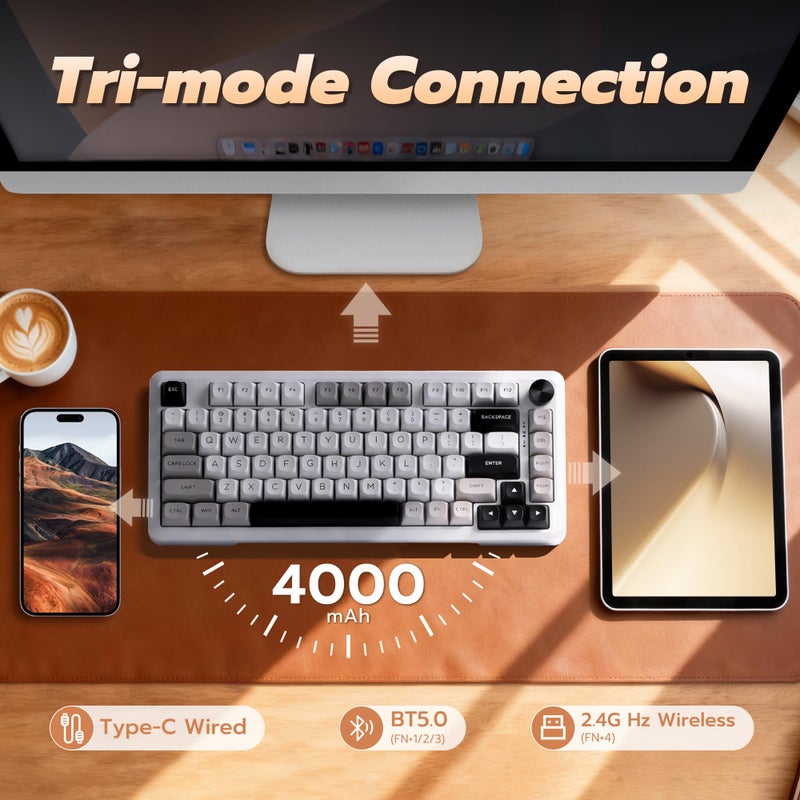 E-YOOSO Z-82 Wireless Mechanical Keyboard, 75% Layout, Hot-Swap Wireless Gaming Keyboard, BT/2.4GHz/Type-C Triple Mode, RGB Backlit Gaming Keyboards, Compatible with Win/Mac (White&Gray&Black) - Image 3