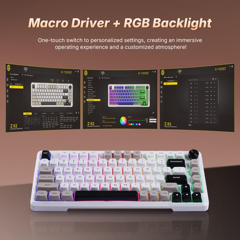 E-YOOSO Z-82 Wireless Mechanical Keyboard, 75% Layout, Hot-Swap Wireless Gaming Keyboard, BT/2.4GHz/Type-C Triple Mode, RGB Backlit Gaming Keyboards, Compatible with Win/Mac (White&Gray&Black) - Image 5