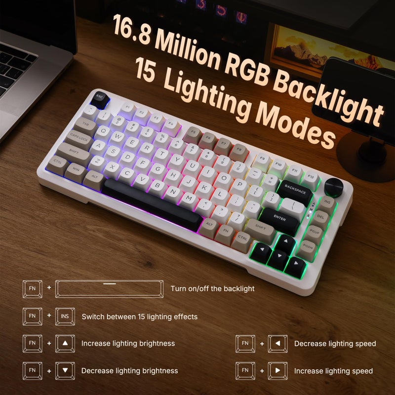 E-YOOSO Z-82 Wireless Mechanical Keyboard, 75% Layout, Hot-Swap Wireless Gaming Keyboard, BT/2.4GHz/Type-C Triple Mode, RGB Backlit Gaming Keyboards, Compatible with Win/Mac (White&Gray&Black) - Image 4