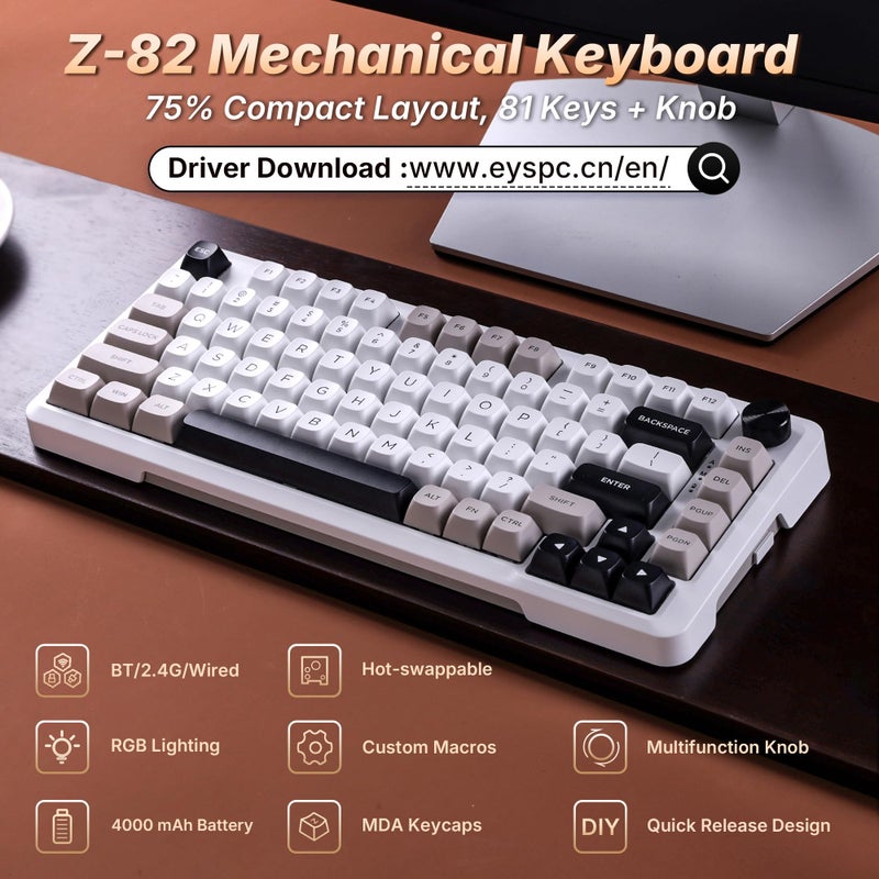 E-YOOSO Z-82 Wireless Mechanical Keyboard, 75% Layout, Hot-Swap Wireless Gaming Keyboard, BT/2.4GHz/Type-C Triple Mode, RGB Backlit Gaming Keyboards, Compatible with Win/Mac (White&Gray&Black) - Image 2