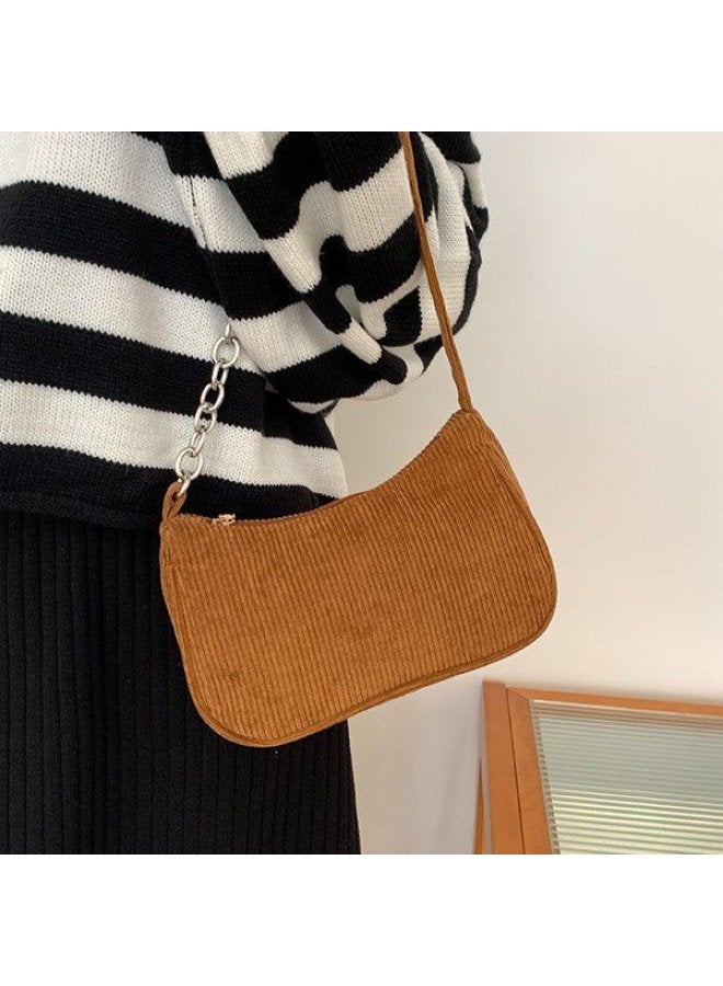 Autumn/winter Small Square Handbag Fashionable Retro Corduroy Single Shoulder Bag Stylish Underarm Breadstick Bag For Women-Color:Chain Brown  - Image 5