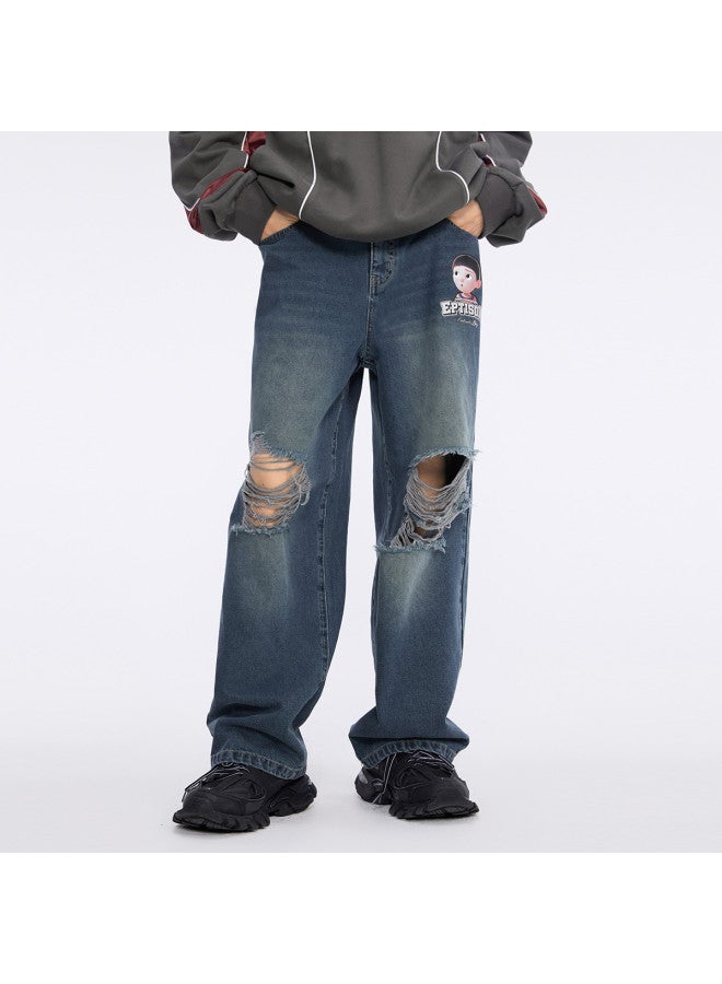 EPTISON جينز ريترو أمريكي بأسلوب الشارع للرجال - بنطلونات واسعة متعددة الاستخدامات بتفاصيل ممزقة - Image 3