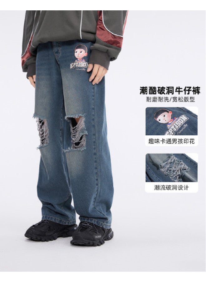 EPTISON جينز ريترو أمريكي بأسلوب الشارع للرجال - بنطلونات واسعة متعددة الاستخدامات بتفاصيل ممزقة - Image 1