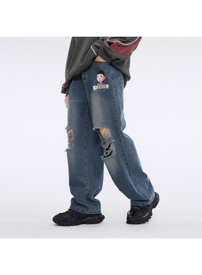 EPTISON جينز ريترو أمريكي بأسلوب الشارع للرجال - بنطلونات واسعة متعددة الاستخدامات بتفاصيل ممزقة - Image 4