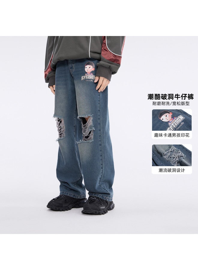 EPTISON جينز ريترو أمريكي بأسلوب الشارع للرجال - بنطلونات واسعة متعددة الاستخدامات بتفاصيل ممزقة - Image 2